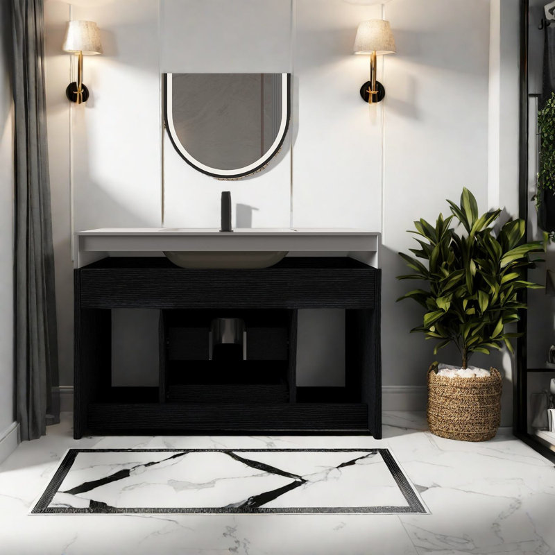 Meuble-lavabo moderne peu encombrant avec plateau en pierre frittée pour les petites salles de bain