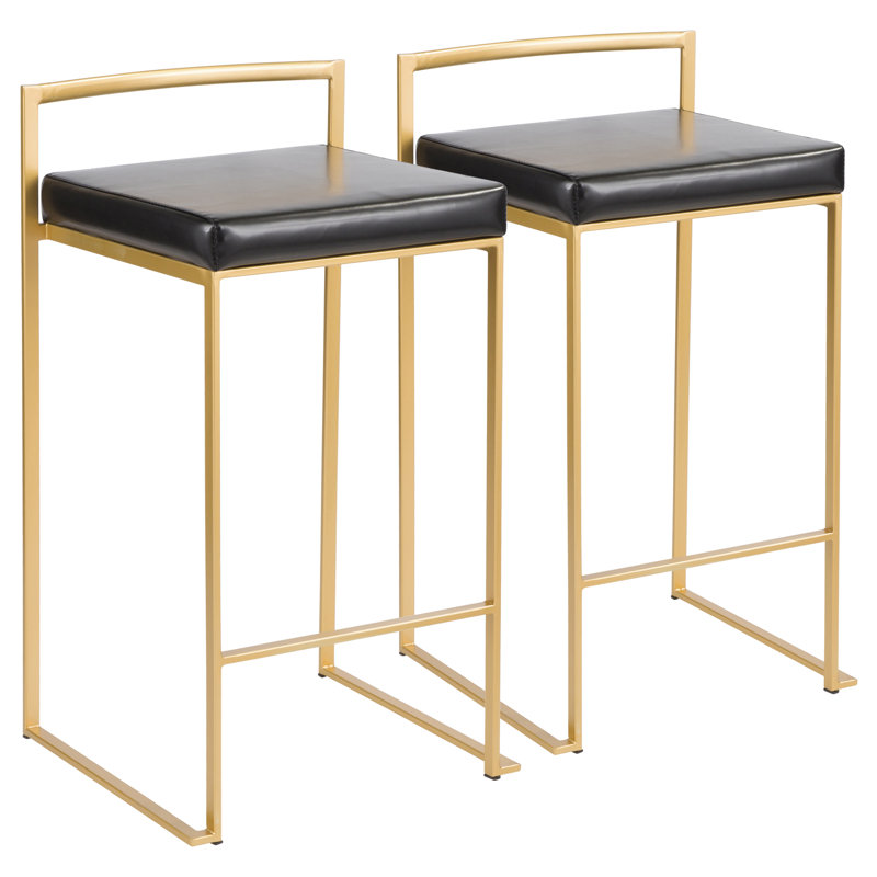 Tabouret de comptoir empilable contemporain avec coussin en similicuir, Doré, Noir