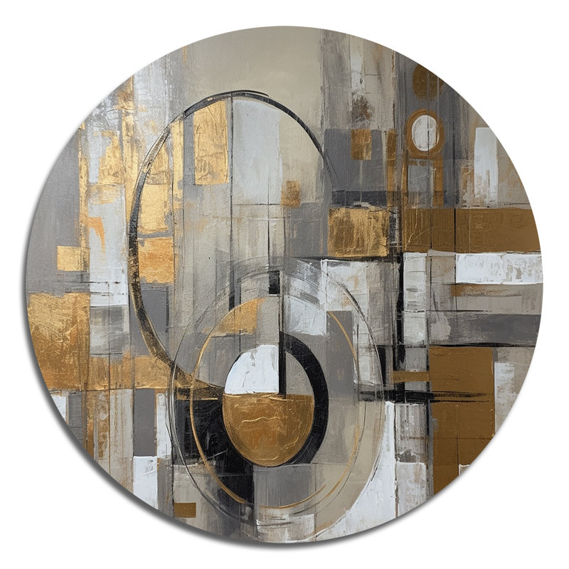 Or et gris, simplicité radicale I - Art abstrait rond en métal, H 36 po x l 36 po