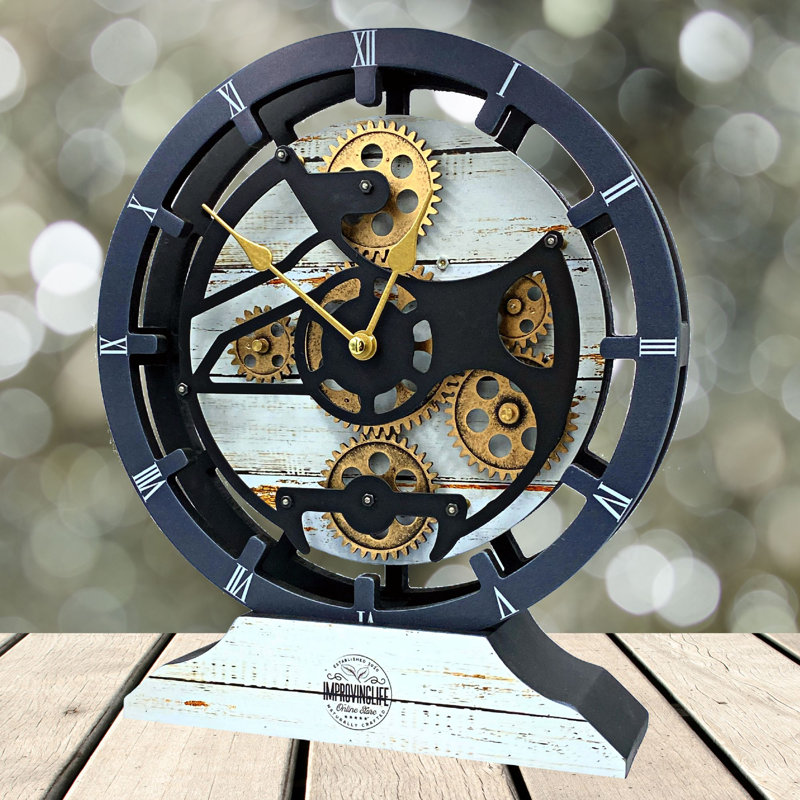 Desk wooden Clock Round 10 inches with Real Moving Gears (Transformable into a Wall Clock - detachable base) Canada Collection
