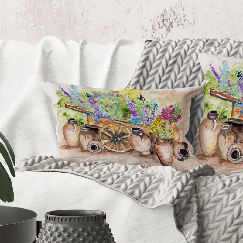 Rectangle, fleurs de lavande sur un chariot antique - coussin décoratif traditionnel
