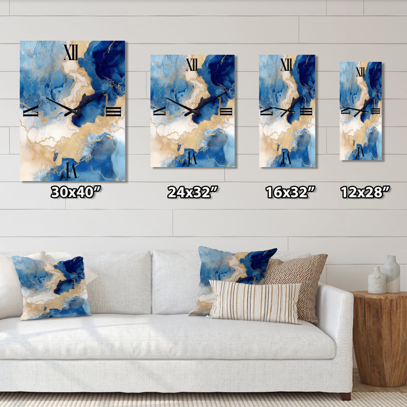 Blue And Gold Marble Clouds VI - Fractals Wall Clock Oversized, Large