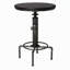 Table de bar ronde à hauteur réglable en tuyaux industriels, style pub/bistro vintage avec plateau en bois, structure en métal argenté brossé et repose-pieds, idéale pour le bar, la cuisine et la salle à manger.