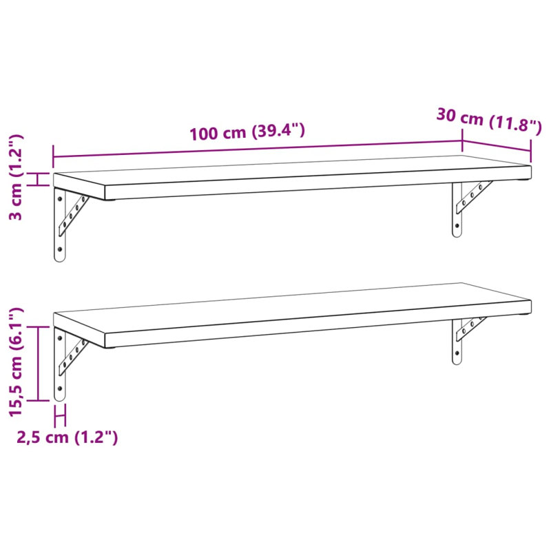 Antavion Stainless Steel Bracket Shelf, Black, 3cm H x 100cm W x 30cm