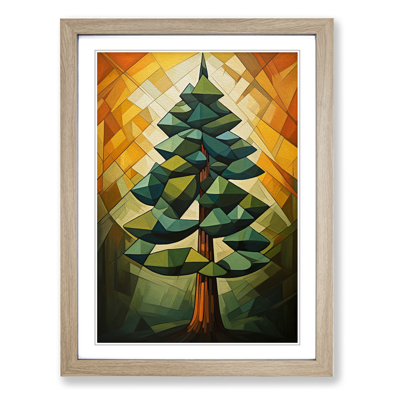 Pine Tree Cubism No.2 - Single Picture Frame Print on Wood, Oak Framed, 64cm H x 46cm W x 2cm D
