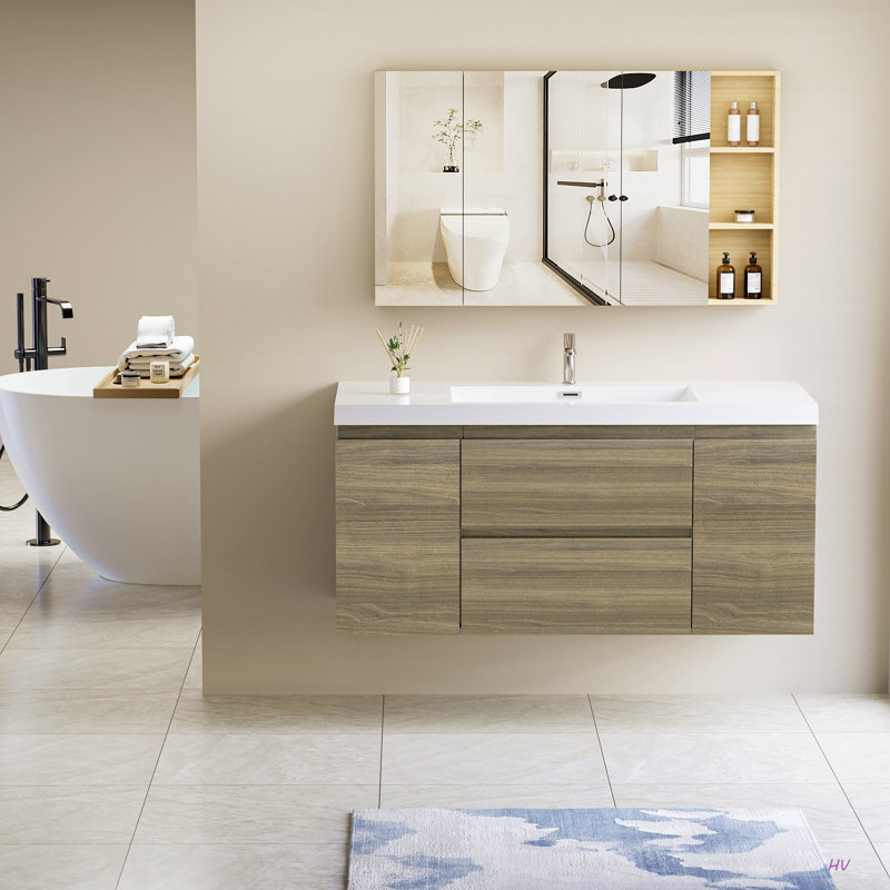 Meuble-lavabo flottant 48 po avec lavabo, meuble-lavabo mural moderne avec lavabo en résine et tiroirs à fermeture en douceur 48 po