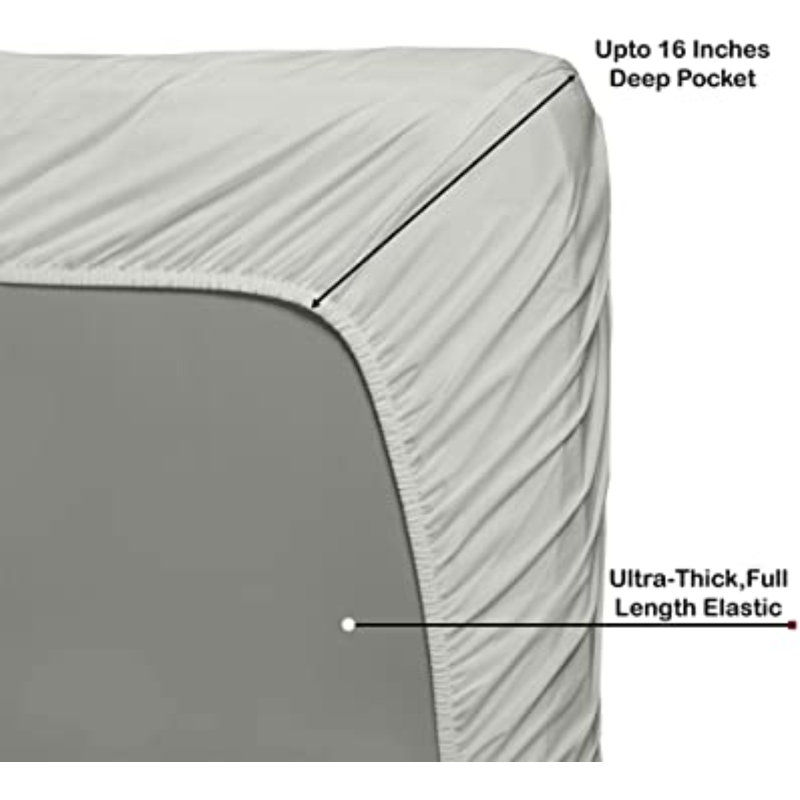 Ensemble de draps en 100 % percale de coton à densité de tissage de 300 fils, Drap-housse de taille simple, Gris clair