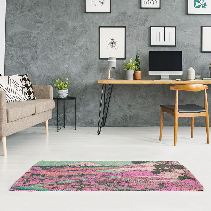 Tapis rose/vert katakura de plantation de thé, Rectangle 2 pi x 3 pi