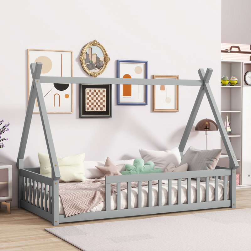Lit simple en forme de tente, lit tipi avec garde-corps, lattes, gris, Gris
