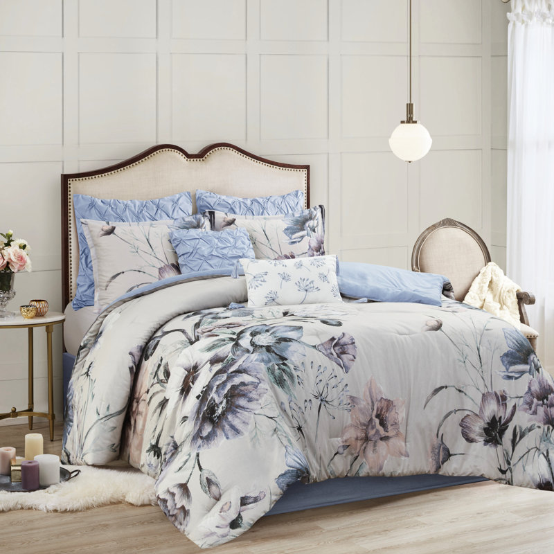 Édredon bleu grand 8 pièces en coton imprimé avec une touche chic décontractée, grand motif floral, comprend 1 édredon, 2 taies décoratives européennes, 3 coussins décoratifs assortis, jupe de lit, fer à repasser infroissable