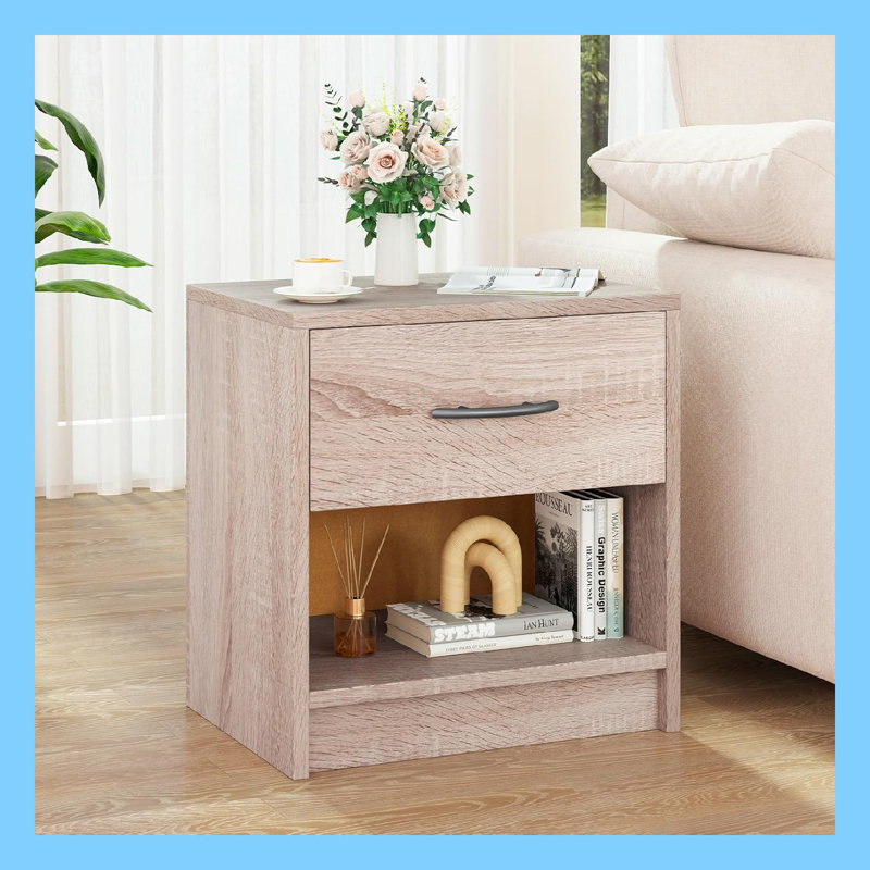 Rustic Wood Nightstand With Drawer And Open Shelf, Farmhouse Bedside Table Light Oak