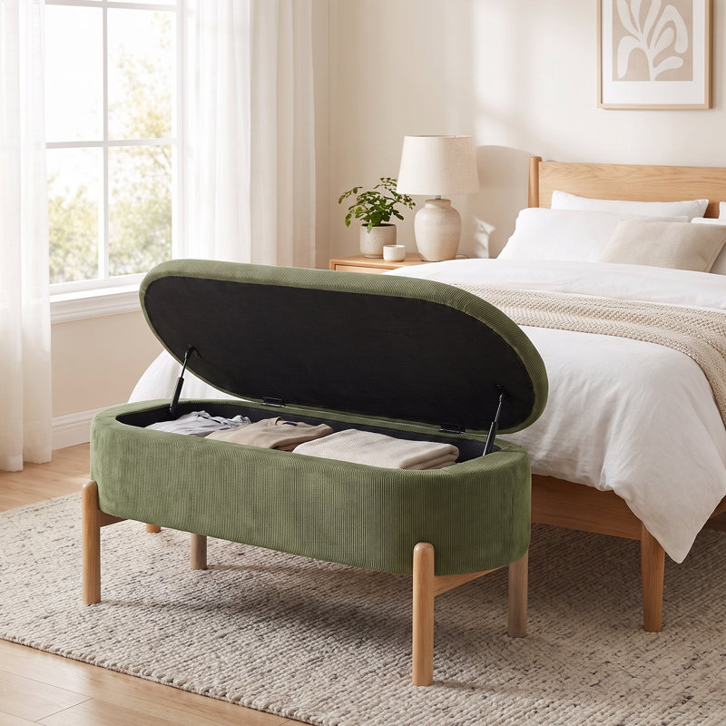 Upholstered Storage Bench with Wooden Legs, Green