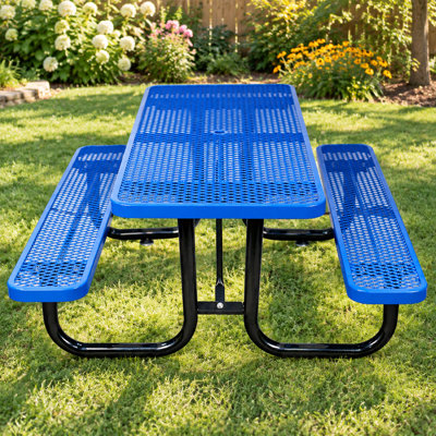Table de pique-nique rectangulaire en acier de 6 pieds avec trou pour parasol, bleu