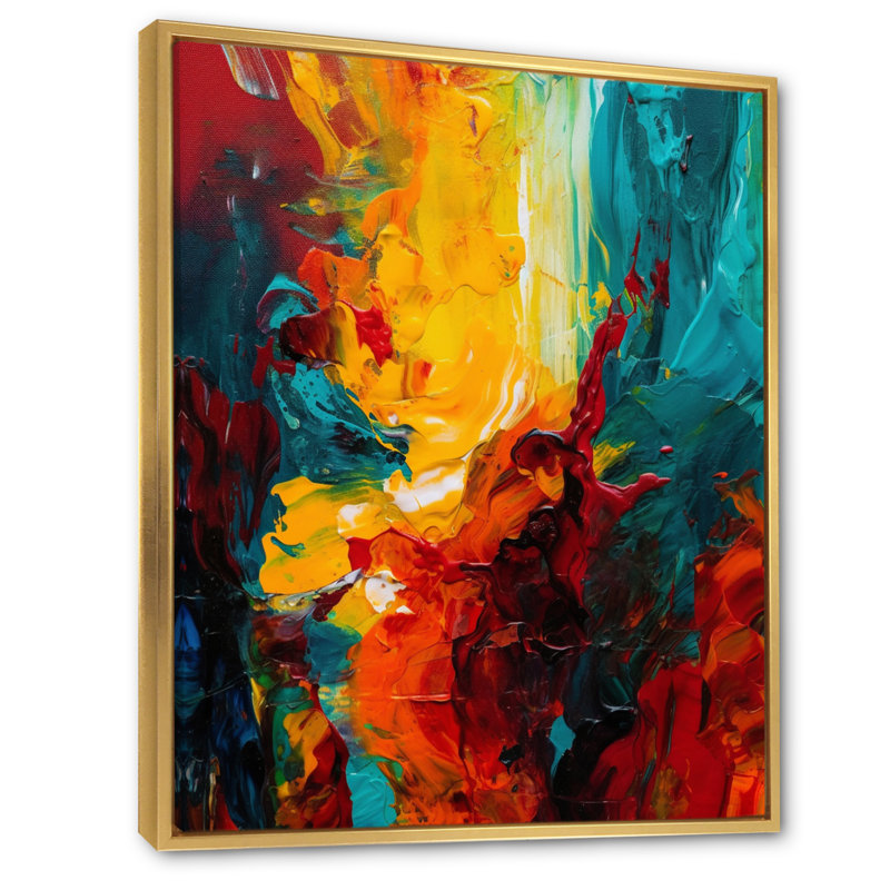 Voyage de l'abstraction jaune et turquoise II - impression, H 20 po x l 12 po x P 1 po, Cadre flottant doré