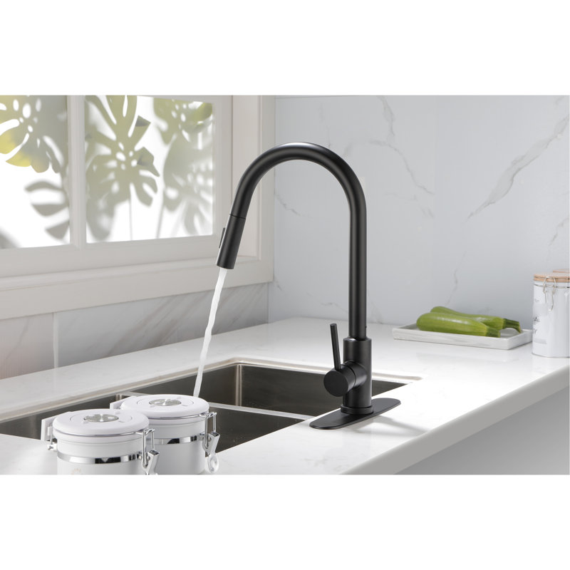 Matt Black Kitchen Faucet With Pull Down Spray Head - Stainless Steel, 360 Rotating Nozzle, Corrosion And Rust Surface, Single Handle For Water Temperature Regulation In Steel Material, Treatment,