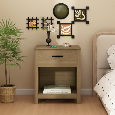 Wood Nightstand With Drawer And Open Shelf, Modern Bedside Table With Storage, Wooden End Table For Bedroom, Living Room Or Apartment, Natural Finish, Brown