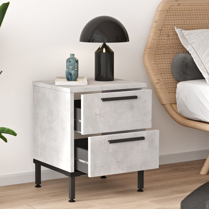 Table de chevet 2 tiroirs Ferit, Argent / noir