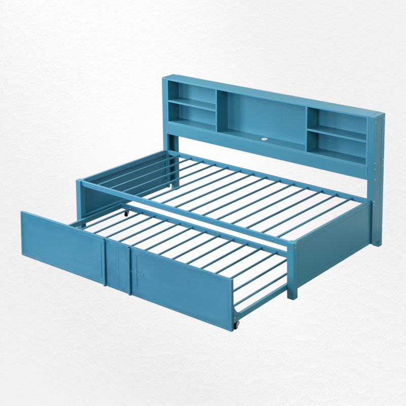 Lit de jour avec couchette Avreigh, lit plateforme avec couchette et tablettes en métal, ports USB, Bleu