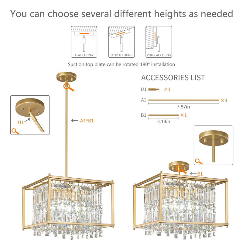 Jennesa Jhase Crystal Dimmable Square / Rectangle Chandelier Modern Pendant Light Fixture, Gold