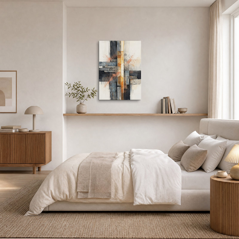 Tableau géométrique abstrait sur toile gris et orange, H 18 po x l 12 po