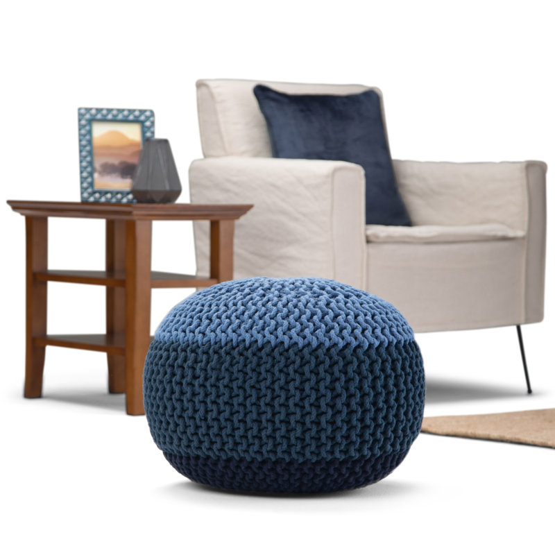 Hand-Knitted Blue Cotton Round Pouf with Polystyrene Filling