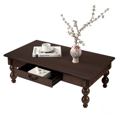 Rectangular Wooden Coffee Table with Storage Drawer, Vintage Cocktail Table with Solid Wood Gourd-Shaped Legs for Living Room,No-Tools Assembly