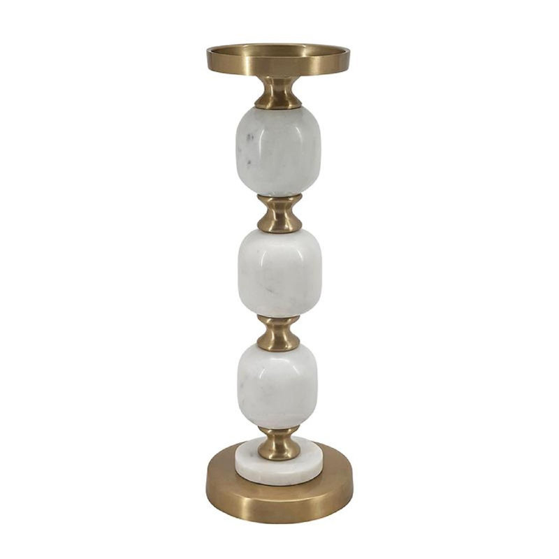 15" Gold and White Marble Metal Pebble Pillar Holder