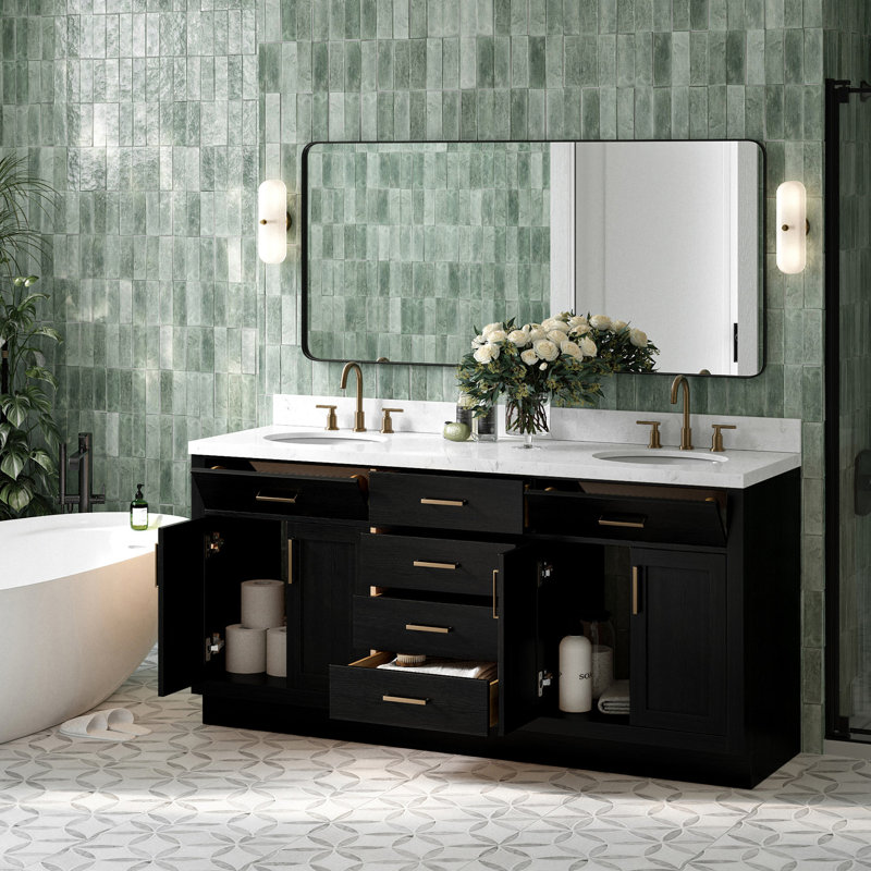 Meuble-lavabo double en bois massif 72 po avec plateau en quartz Carrara de 1,5 po Thornaby, Ovale, Chêne noir