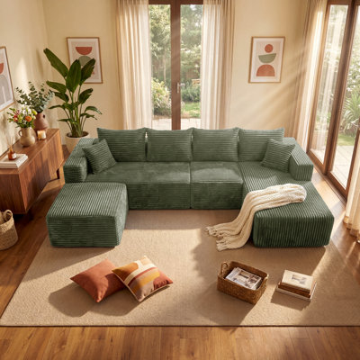 137.8" Compression U-Shaped Sectional Sofa for Living Room, Modular Couch with Flannel Fabric, Pocket Spring Support and Non-Slip Bottom, No Assembly Required, Green