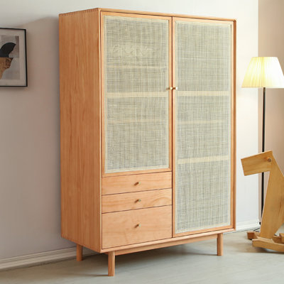 Simple Solid Wood and Rattan Woven Wardrobe