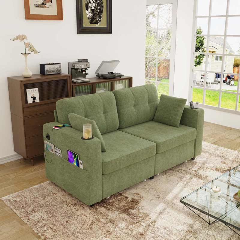 Canapé modulaire moderne en chenille avec chargement USB et rangement intelligent, Chenille olive