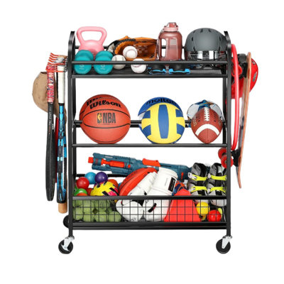Ball Storage Sports Rack  Rolling Garage Rack with Hooks  Wheels