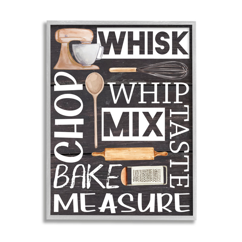 «Divers Bake Tools Kitchen Phrases» par ND Art - cadre flottant, impression sur bois, H 30 po x l 24 po x P 1,5 po