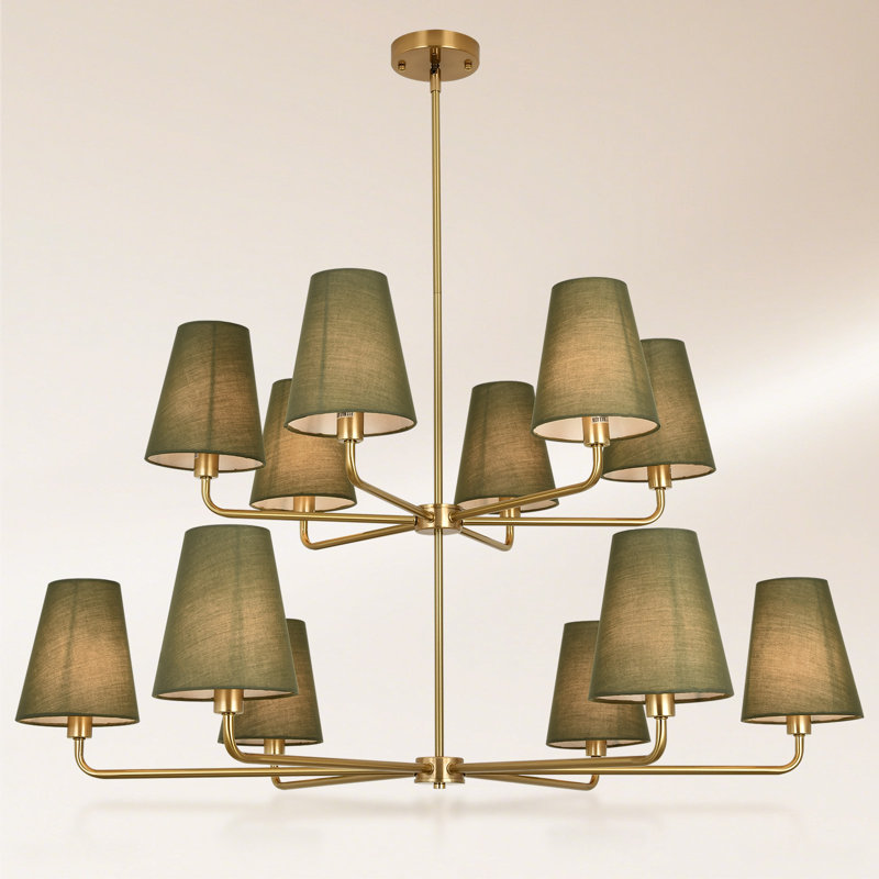 12-Light Adjustable Sputnik Chandelier – Linen Shades, Copper Finish, Sloped-Ceiling Compatible, Dimmable Dining Room Statement Fixture.