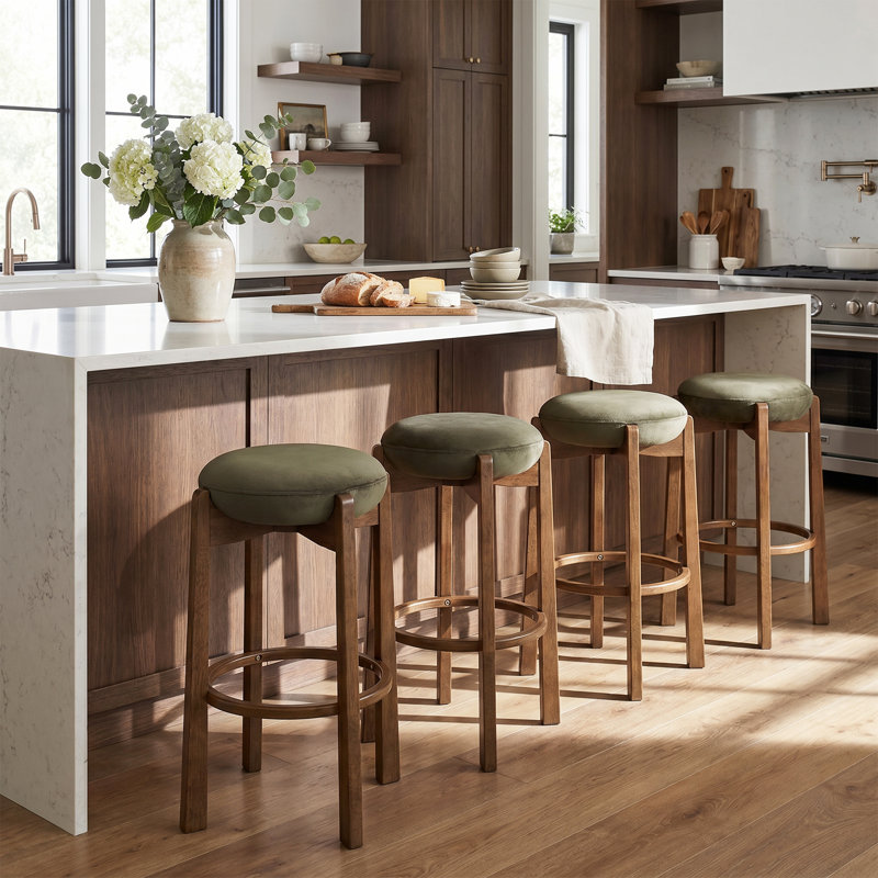 Tabourets de bar rembourrés en bois d'hévéa de style Mid-Century Lunara, Green Velvet/Dark Walnut, 4