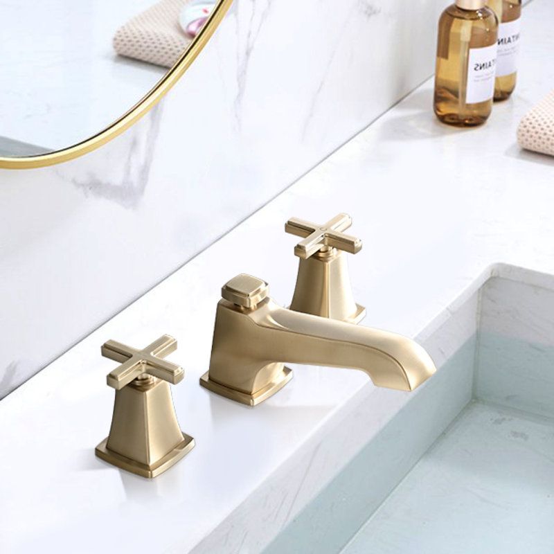 Two Handle Widespread High-Arc Bathroom Faucet With Drain Assembly, Brushed Gold