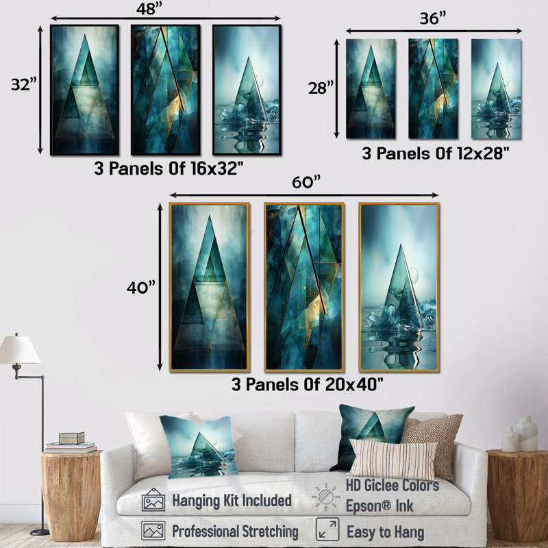 Emerald Blue Pyramid Shapes I - Ensemble de 3 pièces murales abstraites modernes, Cadre flottant noir, H 32 po x l 48 po