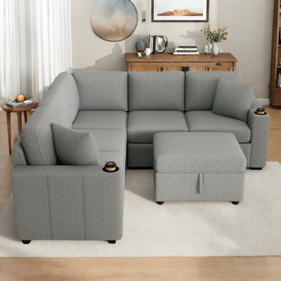 Sectional Convertible U-shaped Pull-out Sofa Bed With A Movable Storage Ottoman, Dual Cup Holders, Usb Charging Ports And Pillows by Latitude Run