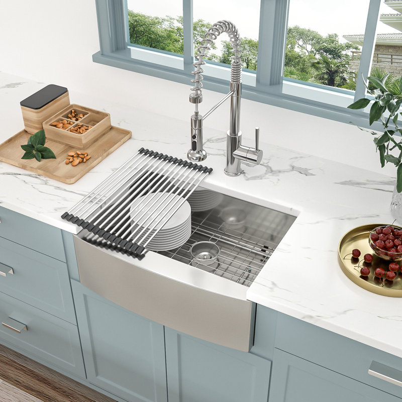  27“W x 21"D Single Bowl 304 Stainless Steel Farmhouse Kitchen Sink with Basket Strainer Bottom Grid and Roll Up Rack