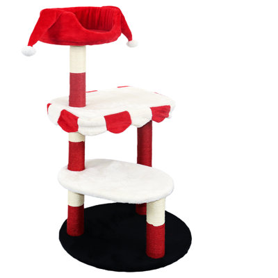 Arbre à chat rouge et blanc avec perchoir confortable. 3 plateformes pour que les chatons et les chats puissent sauter et se reposer, poteaux à griffer recouverts de jute naturel, hauteur 113 cm, base antidérapante, arbre à chat à plusieurs niveaux. Perchoir et escalade pour chats