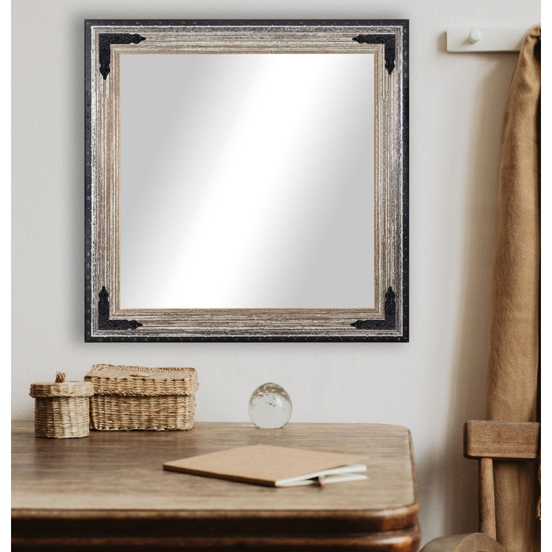 Umstead Solid Wood Flat Wall Mirror, Distressed Rustic Ivory/Black, 17.5" H x 17.5" W