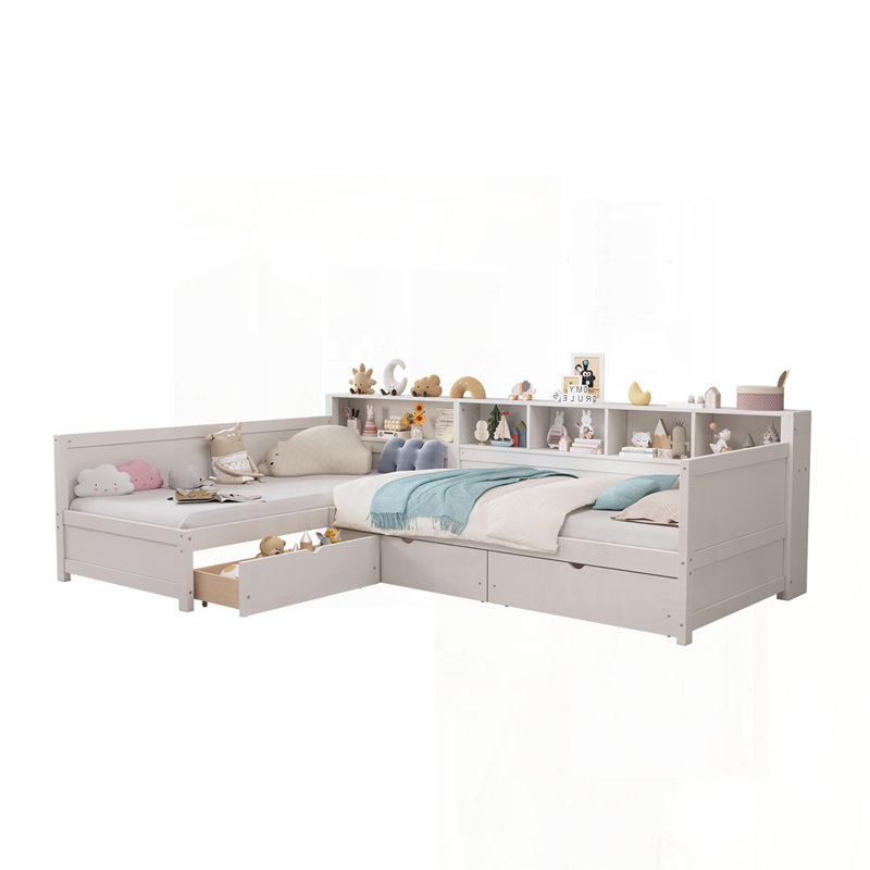 Twin Size L-Shape Corner Daybed For Two With Storage Drawers And Built-In Bookshelf, Space-Saving Wooden Bed Frame., White