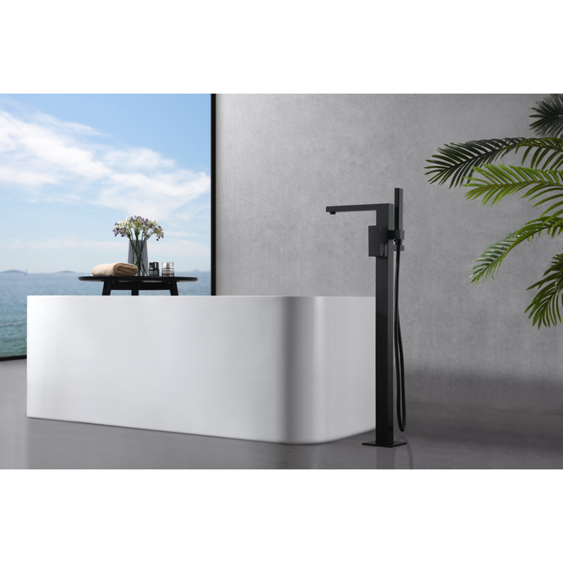 Rift Collection Single Handle Floor Mounted Roman Tub Filler Faucet with Hand Shower - Matte Black, Matte Black