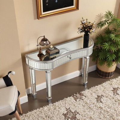 Console demi-lune de 47 pouces avec panneaux en verre cannelé, tiroir en cristal