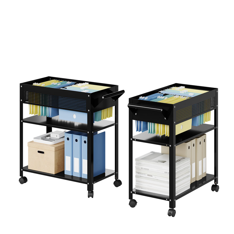 Black Steel Mobile File Cart with Shelves and Hanging Rod