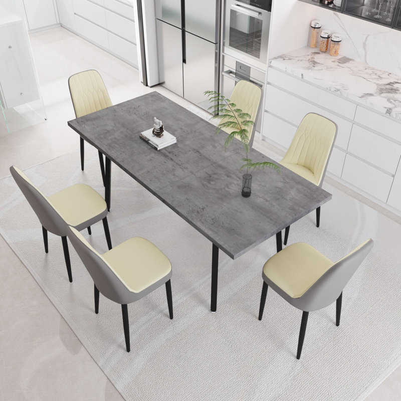 Modern Dining Table Set with Extendable Table and PU Dining Chairs, Beige/Grey, 7
