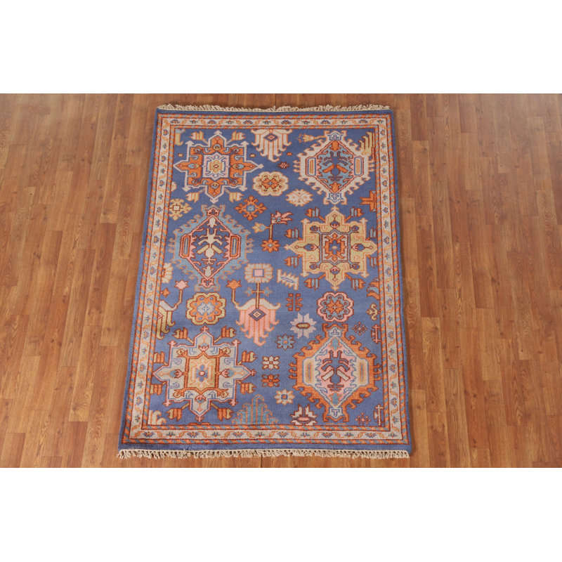 Tapis oriental bleu à motif géométrique traditionnel 4 x 6