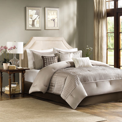 7 Piece Taupe Charmeuse Bedspread - Queen, , Pleated Decorative Pillows And Comforter Taupe, Easy To Steam Iron