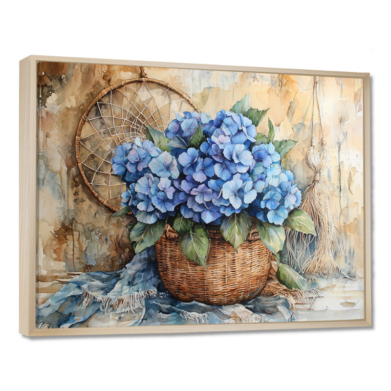 Boho Blue Hydrangea Bliss II - art mural d'hortensia pour le salon, H 12 po x l 20 po, Impression sur cadre flottant