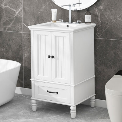 Meuble-lavabo de salle de bain avec lavabo, armoire avec deux portes, butoir de porte magnétique, patins réglables et tiroir pour un rangement pratique dans la salle de bain